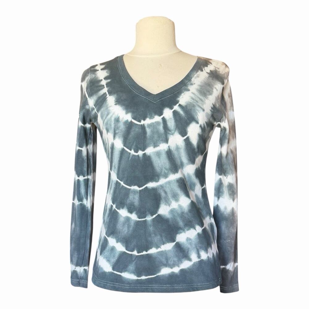 POL Tie Dye V-Neck Long Sleeve Top Gray White Tie Dye Boho Women Small